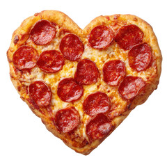 Heart-shaped pizza with pepperoni slices served on a white background during a casual dining occasion