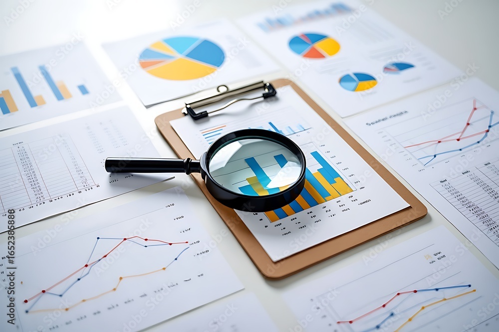 Poster magnifying glass over financial charts and graphs on a clipboard representing data analysis research