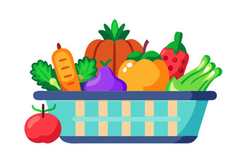Fresh produce basket vector illustration featuring healthy fruits and vegetables for nutrition and diet