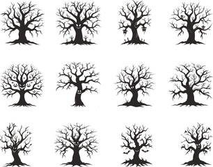 Obraz premium Spooky Halloween Tree Silhouettes Collection Featuring Creepy Faces and Bare Branches for Festive Designs and Occasions Graphic Resource Pack