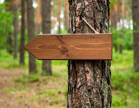 Directional signage in a forest environment showcasing a wooden arrow on a tree