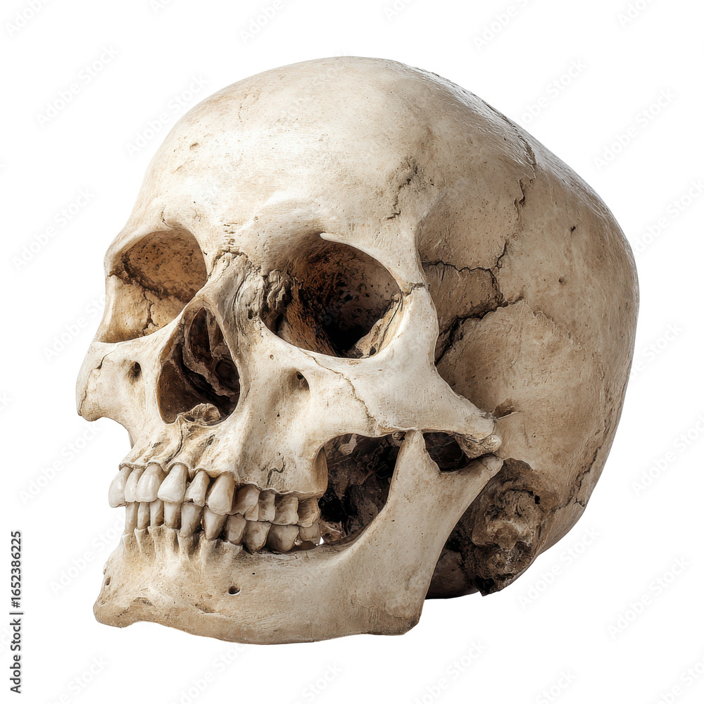 Poster detailed representation of a human skull showcasing distinct features and textures in a neutral sett