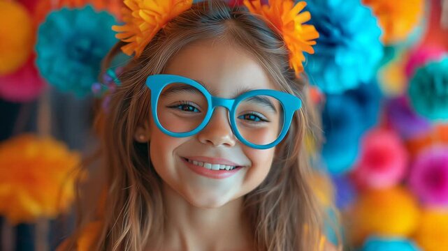 Young girl with vibrant flower crown and oversized blue glasses, smiling joyfully against a colorful backdrop of paper flowers, showcasing a cheerful and playful atmosphere in a continuous motion sequ