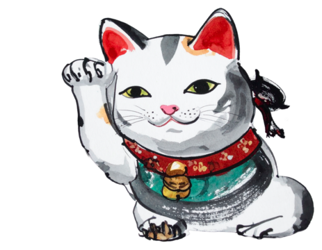 Illustration of a maneki-neko (beckoning cat) drawn with a brush. Handwritten style. Brush. Good luck charm. Japan. Japanese style. Money. Financial luck. Luck.