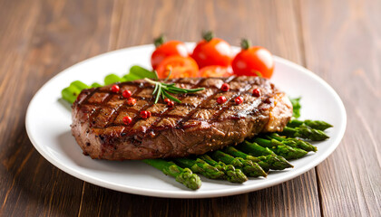 Gourmet Beef Steak with Seasonal Vegetables and Fresh Garnish
