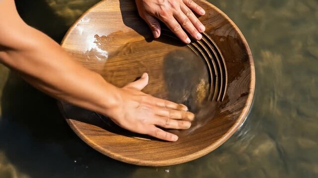 Traditional gold miner at river using simple tools to collect gold sand, artisanal gold mining process in nature.