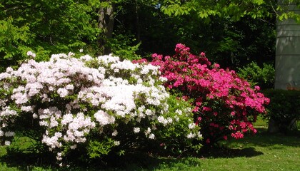Fototapeta premium Two azalea bushes, one white, one pink, bloom profusely in a sunny garden