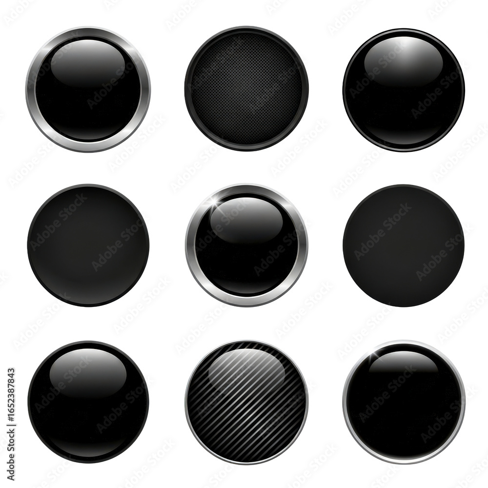 Wall mural a variety of nine round black buttons with different glossy textures and metal frames on a transpare