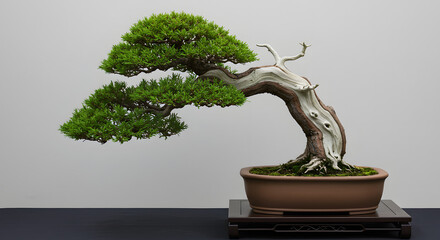 Elegant Bonsai Tree with Curved Trunk and Lush Green Foliage in a Ceramic Pot on a Stand