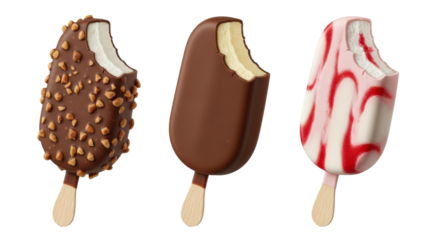 Three bitten ice cream bars on a stick with different chocolate coatings and flavors on a transparent background