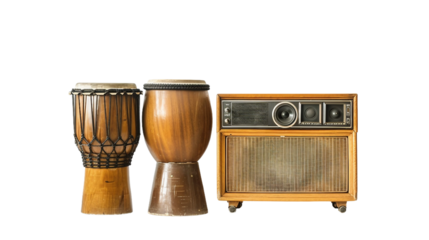 Traditional Percussion Bongos Adjacent to Stool on white background