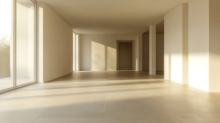 Empty modern minimalist interior with sunlight and shadows