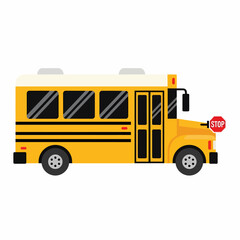 A bright yellow school bus with black windows and a stop sign, ready for student transportation.