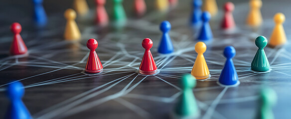 Network of connected game pieces symbolizing teamwork