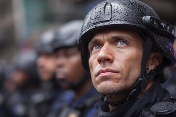 Obraz premium A man in a black helmet is looking at the camera