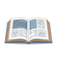 Obraz premium An open book displaying text, diagrams, and illustrations on its pages, presented against a white background.