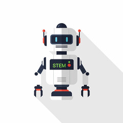 A friendly white robot with a "STEM" logo on its chest, standing with its arms slightly bent and a long shadow cast behind it.