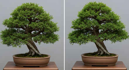 Pair of meticulously cultivated bonsai trees in terracotta pots, showcasing natural artistry and tranquil beauty