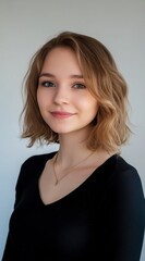 Portrait Of A Young Woman With Curly Blonde Hair Smiling In A Black V Neck Top