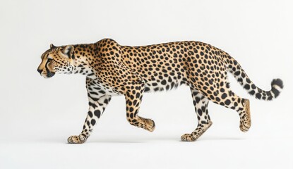 Powerful Leopard Walking Side Profile Against White Background