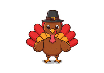 Thanksgiving Turkey Cartoon Pilgrim Hat  Festive Feathers isolated on transparent background