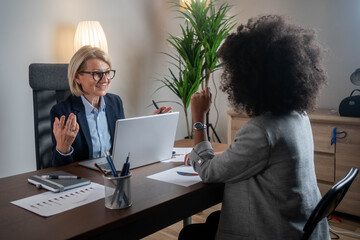 Woman consulting with a female financial manager at the bank.