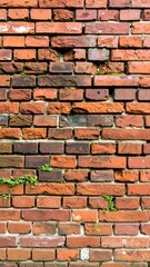 Obraz premium Weathered red brick wall with visible mortar and small plant growth