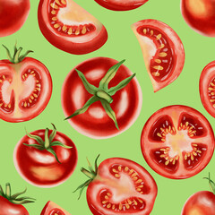 Seamless watercolor pattern with fresh red tomatoes. Watercolor tomatoes. This hand-drawn botanical pattern is perfect for fabric, packaging and kitchen decor.