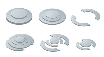 Isometric circular platforms collection. Gray tiered discs and rings in various configurations. Abstract geometric display elements for presentations. Vector illustration on white background