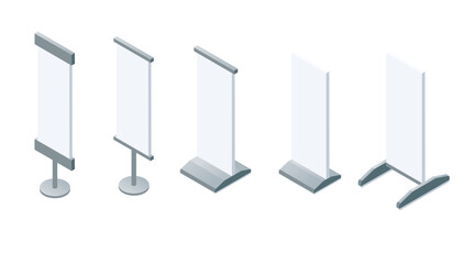 Isometric banner stands collection. Five different display types with rectangular and curved designs. Professional exhibition equipment for events. Vector illustration isolated on white background © Alfmaler