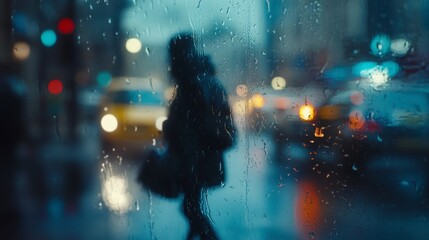 Obraz premium Rainy Night City Street Scene Blurry Silhouette of Person Walking, Dark and Moody Atmosphere