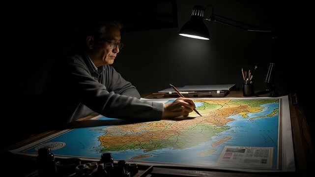 Man studying ancient china map at night. 4K Video