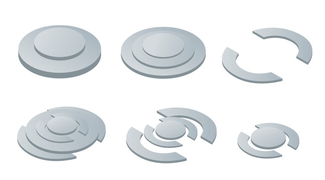 Isometric circular platforms collection. Gray tiered discs and rings in various configurations. Abstract geometric display elements for presentations. Vector illustration on white background