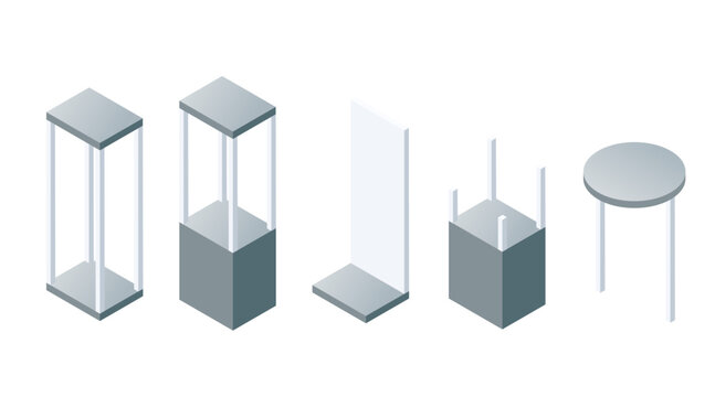 Isometric display cases and podiums. Glass showcases with gray bases and platforms. Museum and retail exhibition furniture elements. Vector illustration isolated on white background