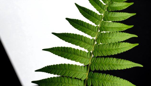 A vibrant green fern frond, sharply detailed, set against a stark black and white background