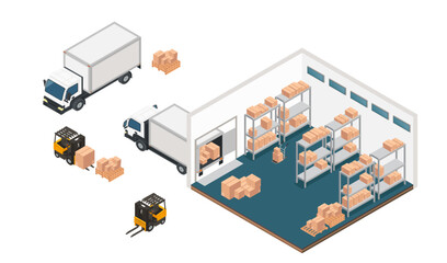 Isometric warehouse logistics. Storage facility with shelving units, delivery trucks, forklifts and cargo boxes. Blue floor organized inventory system. Modern distribution center. Vector illustration