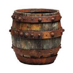 Fototapeta premium Old rustic wooden barrel with metal bands showing signs of wear and aging in an outdoor setting