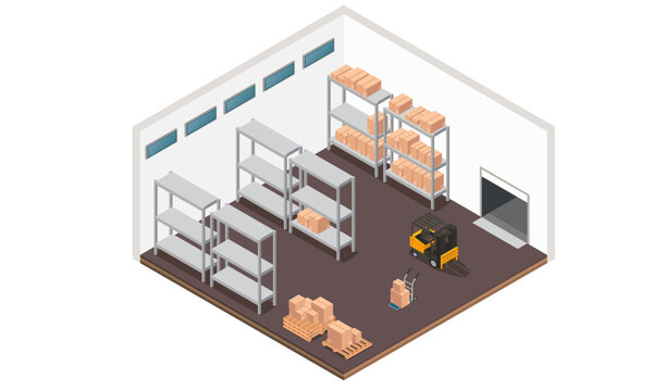 Isometric warehouse with forklift operator. Storage shelves partially stocked with boxes. Brown flooring industrial facility interior. Logistics workplace concept. Vector illustration isolated white
