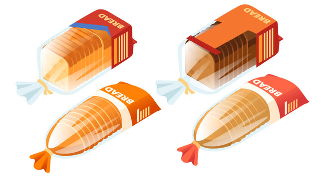 Isometric bread collection. Packaged white and brown loaves, fresh baguettes, sliced bread varieties. Different bakery products for grocery shopping. Vector illustration isolated on white