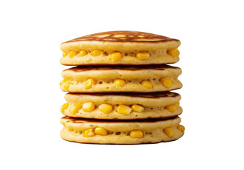 Perfectly aligned stack of golden-brown savory cornmeal pancakes with crispy edges and visible yellow corn kernels, on a seamless transparent background with bright studio lighting. Culinary