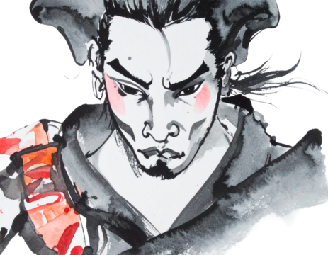 Illustration of a samurai drawn with a brush. Handwritten style. Brush. Japan. Japanese. Warring States period.