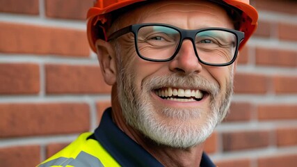 Experienced construction worker with gray beard and glasses, wearing bright orange hard hat and reflective vest, smiles confidently against a brick wall, showcasing professionalism and dedication to s