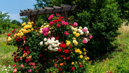 Vibrant multicolored roses bloom profusely, climbing a wooden arbor in a sunny garden setting