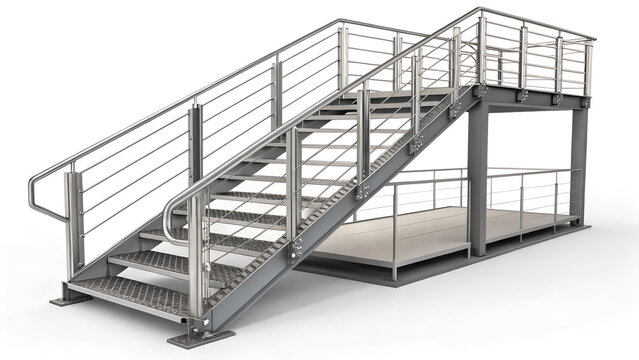 A metal staircase with railings and silver colure