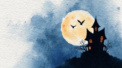 Happy Halloween holiday celebration greeting card -  - watercolor painting of halloween house on a mountain with pumpkins under a full moon