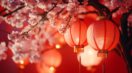 Obraz premium Lanterns and Cherry Blossoms A Lunar New Year Celebration
