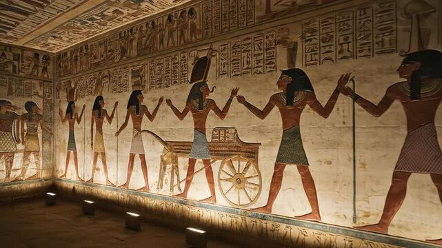 Ancient Egyptian wall painting illustration &ndash; vibrant hieroglyphs and figures depicting mythology, daily life, and rituals, perfect for historical films, educational content, and cultural backgrounds.