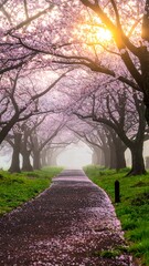 Obraz premium A pathway through a blossoming cherry tree tunnel