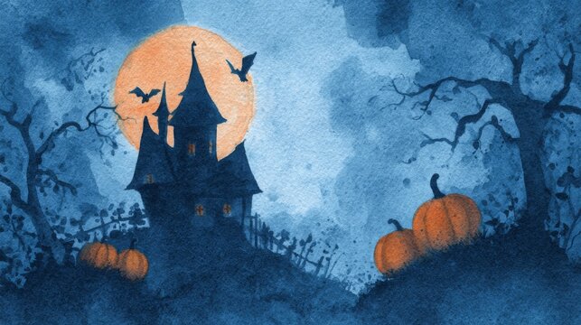 Happy Halloween holiday celebration greeting card -  - watercolor painting of halloween house on a mountain with pumpkins under a full moon - Powered by Adobe