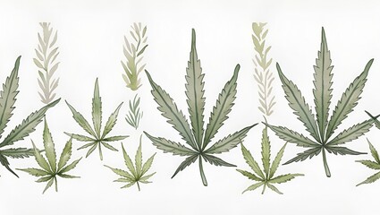 Fototapeta premium Seamless botanical border featuring detailed cannabis plant leaves, hand-drawn in soft green tones.
